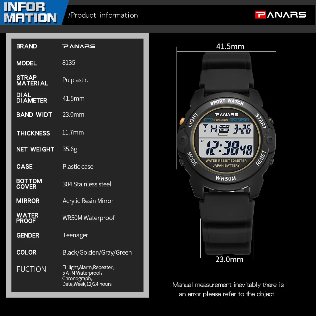 PANARS Electronic Watch Men's Sport Watches Waterproof&shock alarm Luminous Large-screen Digital Watch for men relogio masculino