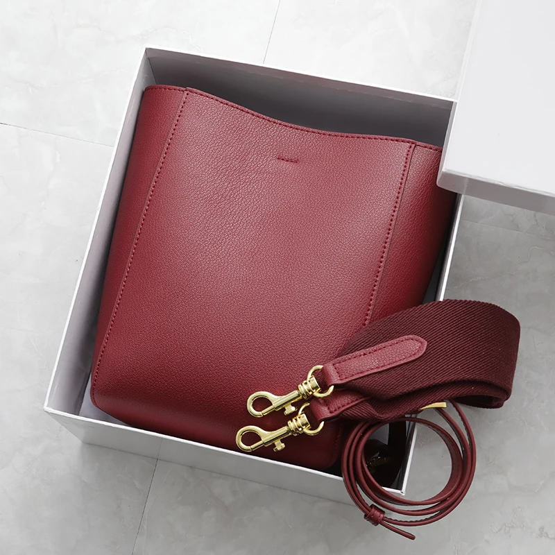 

2019 Vintage Brand Women's Leather Handbag Genuine Real Leather Wide Strap Female Shoulder Bag Band Sangle Bucket Bag 2 Strap