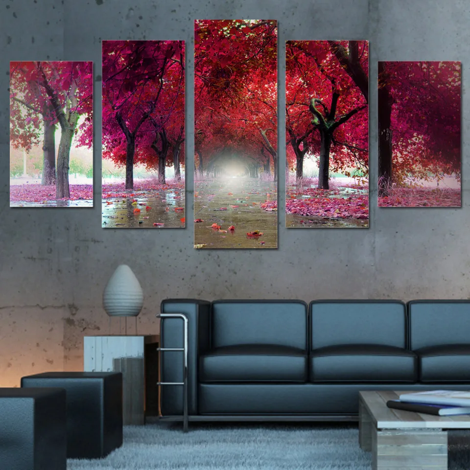 Poster Art Canvas Painting Photo 5 Panel Red Tree ... Poster Art Canvas Painting Photo 5 Panel Red Tree