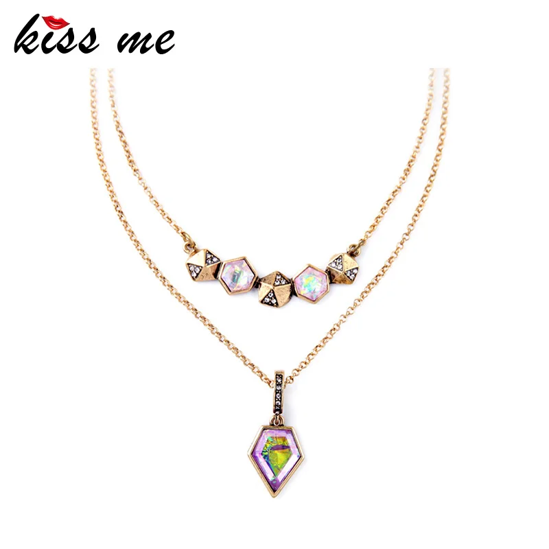 

Retro Rhombus Multicolor Imitation Gems Concise Style Female Pendant Necklace Factory Wholesale