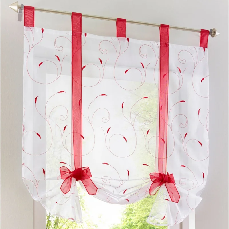 

European Style Roman Shade Embroidery Tie Up Window Curtain Kitchen Curtain Voile Sheer Top Streamer Pattern Curtains