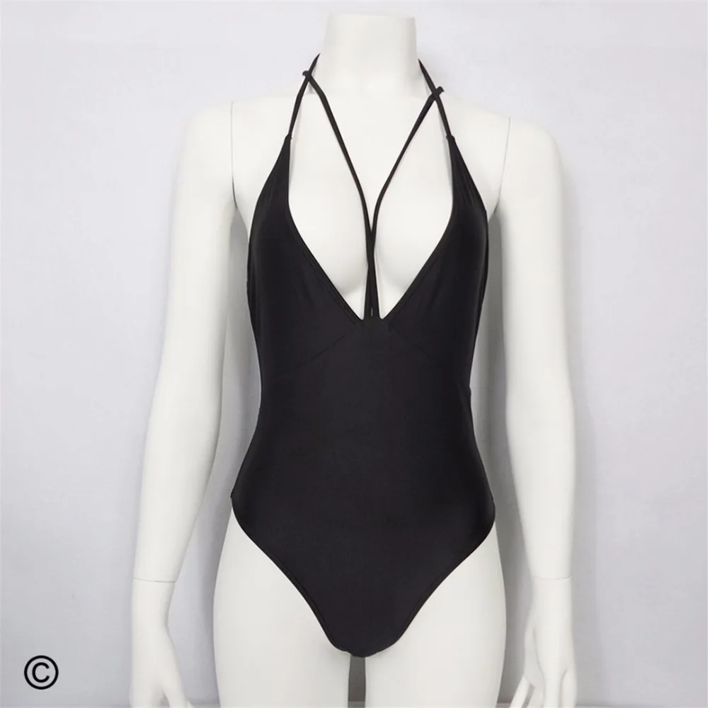 Черный сексуальный Монокини с глубоким v-образным вырезом на спине и открытой спиной, Цельный купальник, женская одежда для плавания, женский купальный костюм V224