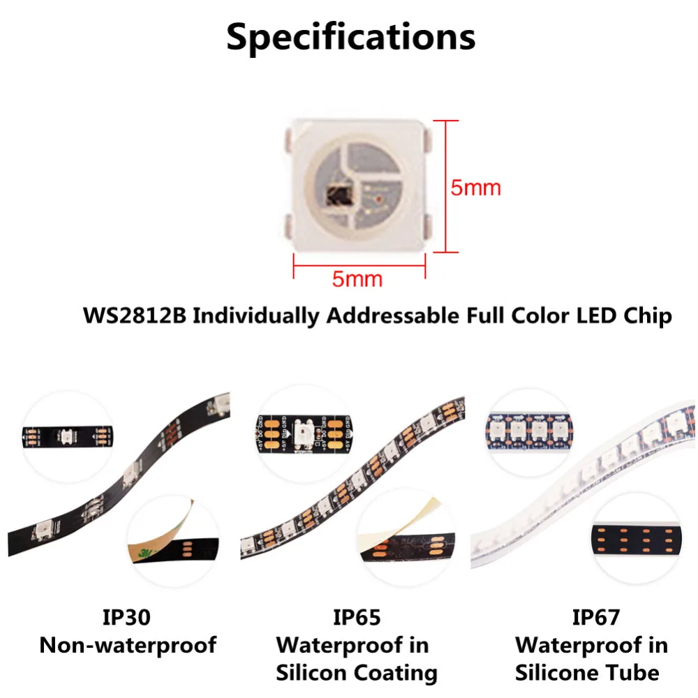 WS2812B цветных(RGB) светодиодных лент: 30/60/74/96/144 пикселей/светодиодов/m WS2812 умный светодиодный светильник ленты черный/белый печатных плат IP30/65/67 адаптер длиной 1 м/2 М/4 м/5 м 5В