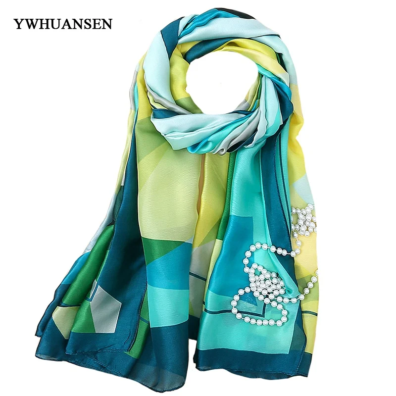 YWHUANSEN High end Imitation Silk European Fashion Scarf Geometric Print Soft Vacation Sun Shawl