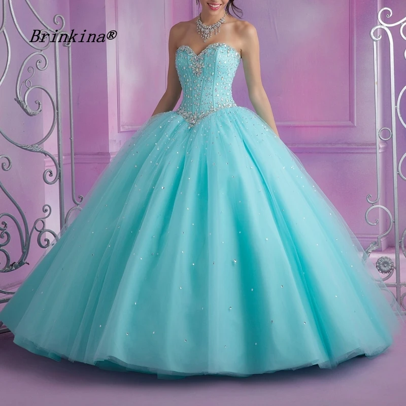 

BrinKina Hot High Quality Light Sky Blue Sweetheart Crystal Beads Tulle Ball Gown Sweet 15 Dresses Quinceanera Dresses For Party