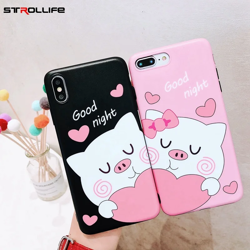 STROLLIFE Cute Couple Pig Phone Case for iPhone X XS Max XR Funny Cartoon Cover IPhone 8 6s 7Plus Soft Back Shell Good Night |
