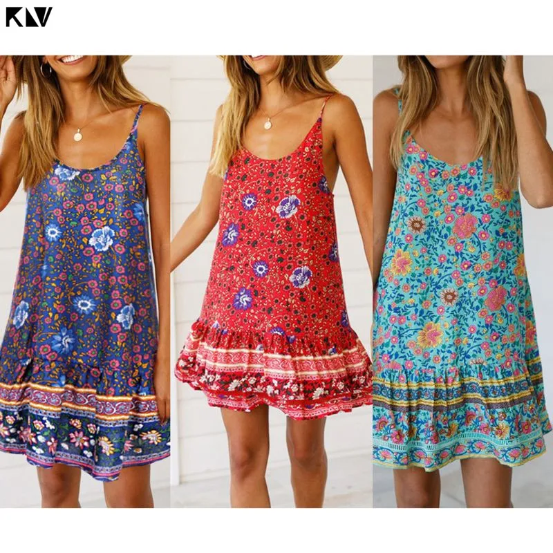 

KLV Summer Spaghetti Straps Mini Swing Slip Dress Ethnic Colored Floral Printed Pleated Ruffles Hem Deep V-Neck Backless Sundres