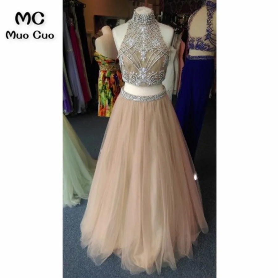 

Two Pieces Gown 2018 A-Line Prom Dresses Long with Crystals Beaded High Neck Tulle Zipper Back Formal Evening Party Dress