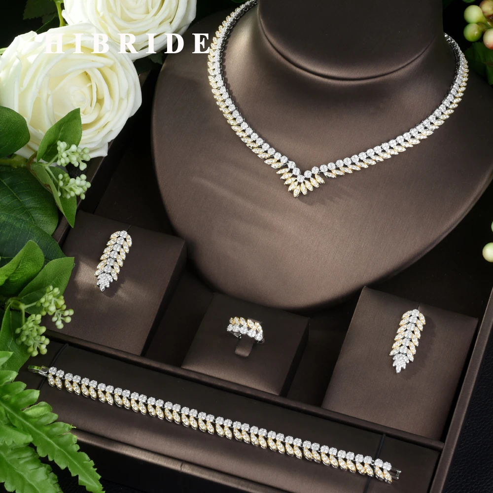 

HIBRIDE Bright Zircon Leave Design Jewelry Sets Designer Accessories Statement Necklace 4pcs Set for Women Wedding Party N-965
