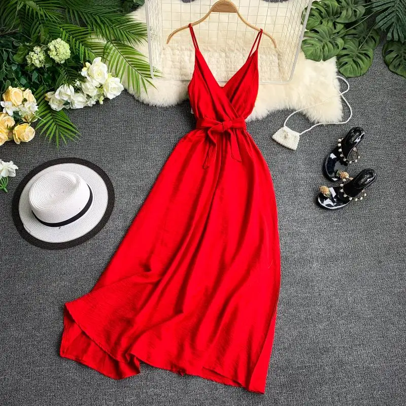 Подиумное женское летнее платье, винтажное красное, белое, черное платье с v-образным вырезом и поясом, платье без рукавов на тонких бретелях, платье трапециевидной формы, Vestido - Цвет: Красный