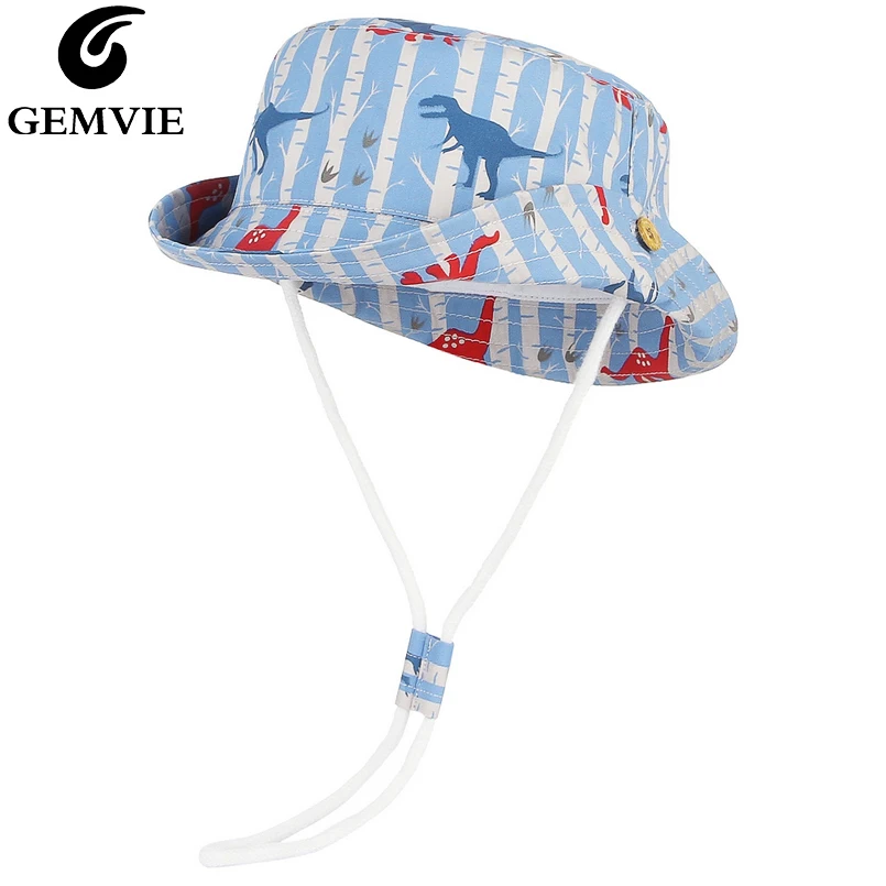 

GEMVIE Blue Dinosaur Summer Cotton Bucket Hat For Kids Boy Girl Cartoon Animal Toddler Baby Sun Hats UPF 50+ Chin Strap