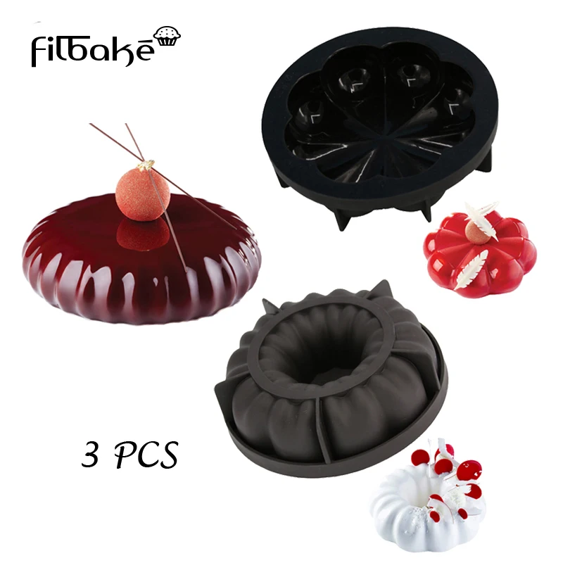 

FILBAKE 3PCS Bakeware Different Round Shaped Black 3D DIY Silicone Chocolate Mousse Ice-cream Mold Dessert Baking Cake Pan