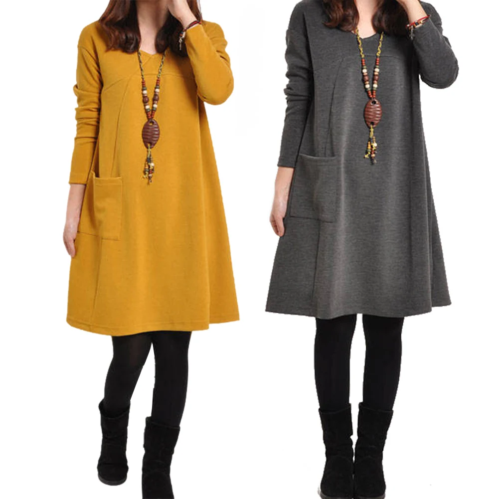 

Women Dresses With Pocket Solid Color Long Sleeve V Neck Loose Casual Autumn Winter Dress Plus Size KQS8
