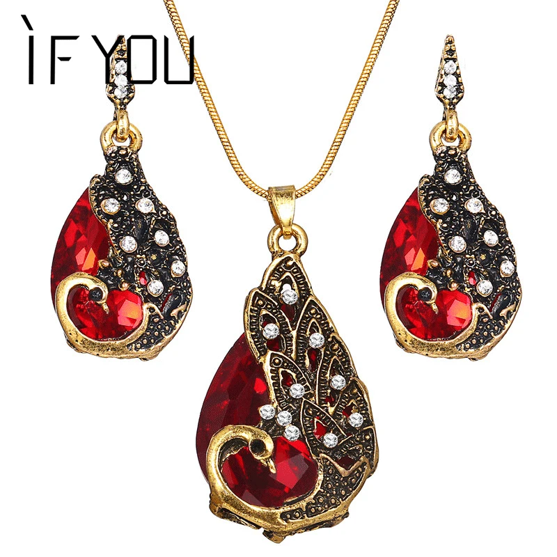 

IF YOU Multiple Colors Irregularity Crystal Jewelry Sets Fashion Peacock Pattern Water Drop Pendant Necklace Earrings Set