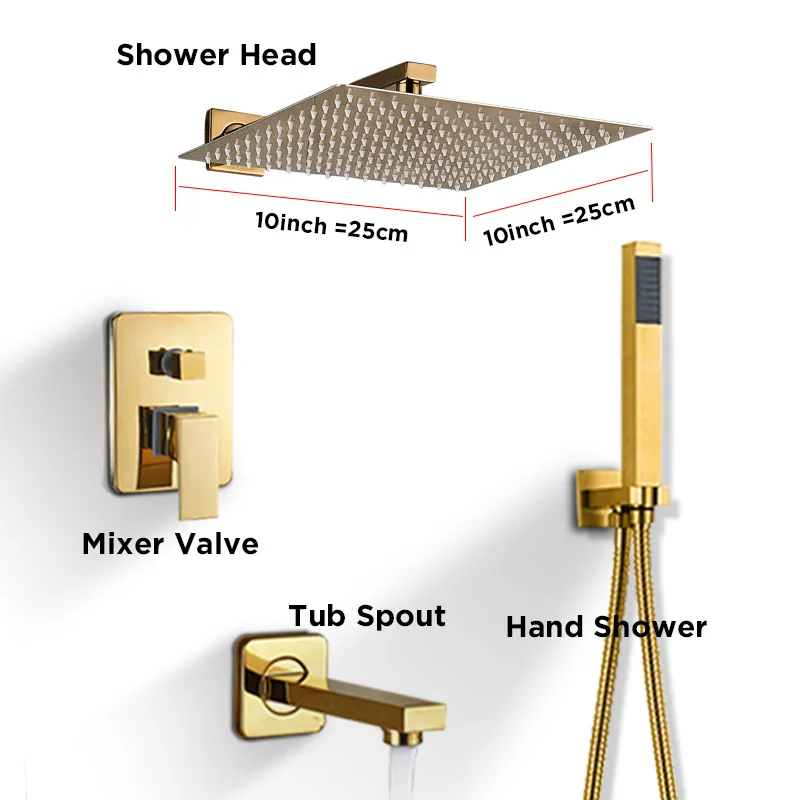 ULGKSD смеситель для душа для ванной комнаты, душевая головка из золотой нержавеющей стали, настенное крепление W/ручной душ Para для ванны, смеситель для душа, водопроводный кран - Цвет: 10 inch