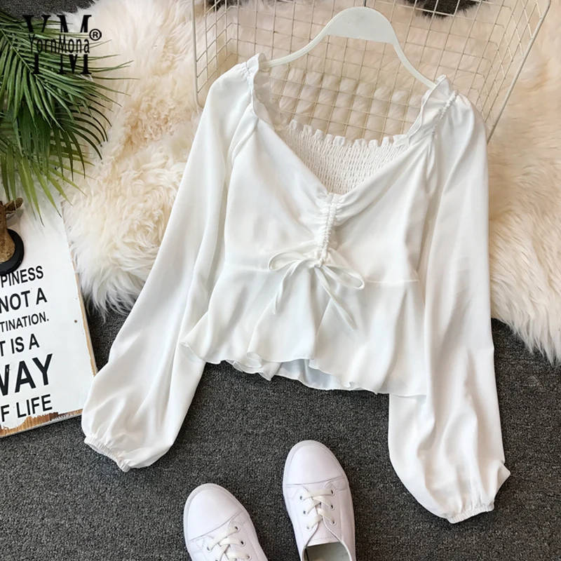 

YornMona Drawstring Sash Ruffles Women Blouse V-Neck Lantern Long Sleeve Vintage Blusa 2019 Spring Autumn Slim Fashion Tops Lady