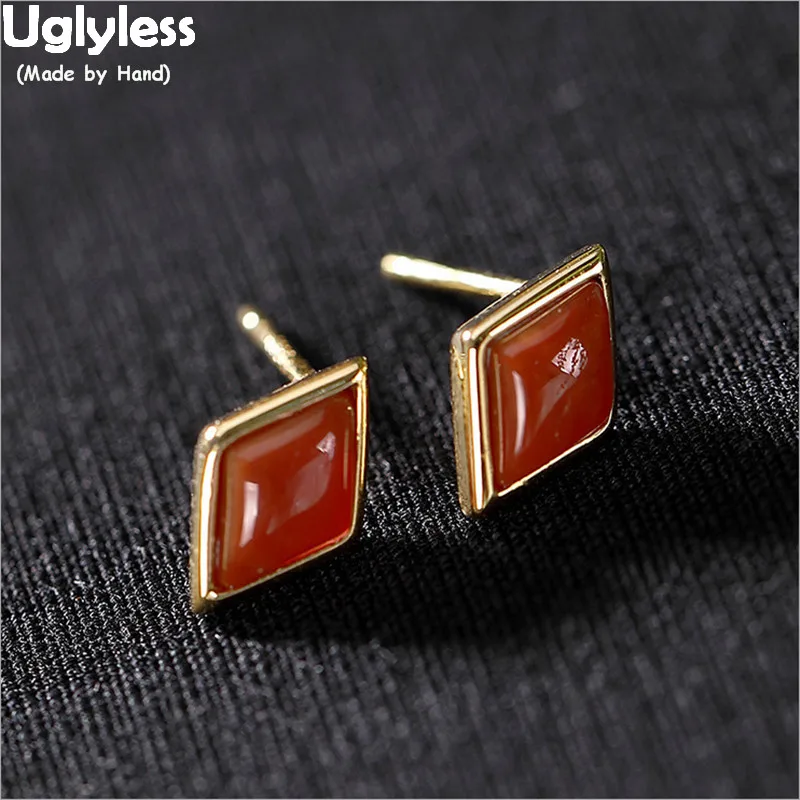 

Uglyless MINI Gemstones Rhombus Earrings for Women Agate Square Studs Earrings Gold Colors 925 Sterling Silver Geometric Jewelry