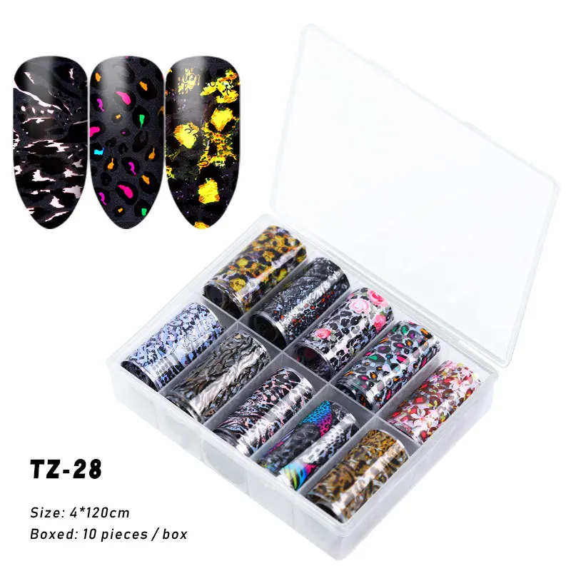 FlorVida 10pcs/set 4*120cm Nail Foil Stickers Leopard Pattern Decal Design for Nails Salon Wholesale Nail Art Foil Decoration - Color: TZ-28