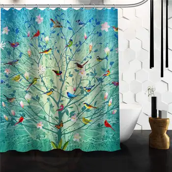 

Custom Unique Design Birds On The Life Tree Decorative pattern Waterproof Fabric Shower Curtain 48x72 60x72 inch