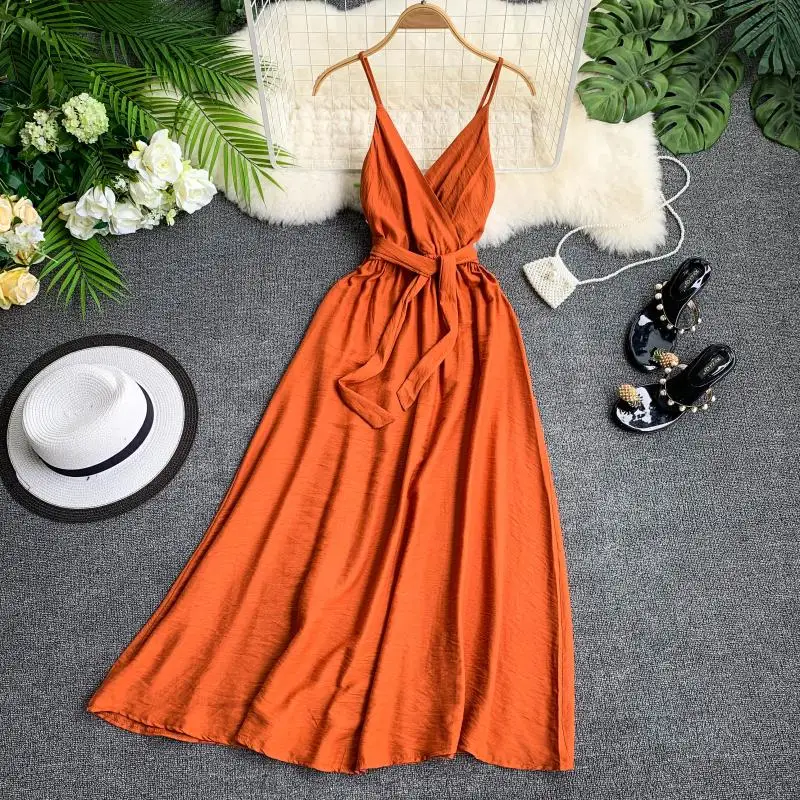 

Maldives holiday dress Sexy Backless straps V-neck Dress Women dress beach summer Maxi Long Big Swing causal Fairy Dress 2019