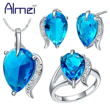 Almei, распродажа ювелирные наборы дамы комплект украшений серебро Цвет свадебные серьги кольцо Цепочки и ожерелья Для женщин синий камень Bisuteria T474