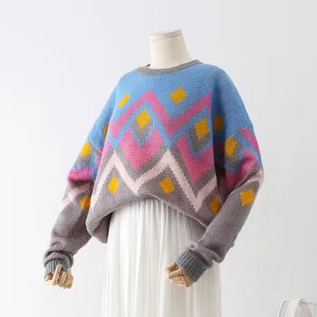 

Big Size Clothes Argyle Sweater Women Jumper Lazy Wind Batwing Sleeve Knitting Pullover Christmas Casual Woman Sweater Oversize