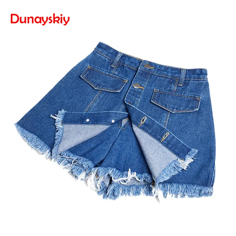 

Summer New The Large Size Denim Skirt Female Students Front Two Pocket High Waist Thin Loose A Word Wide Leg Skirt