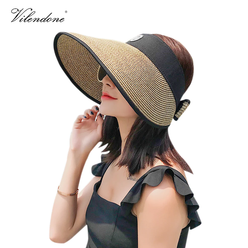 

2019 Summer Women Sun Hat Empty Top Straw Hat Wide Brim Sun Prevent Caps Adjustable Bow-knot Femme Casquette O5T17036