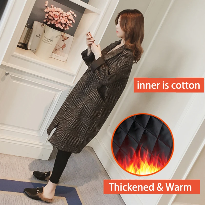 Plaid Coat Windbreaker Jacket Vintage Elegant Woolen Coat Pocket Button Wool Long Coat Ropa De Invierno Para Mujer 2018