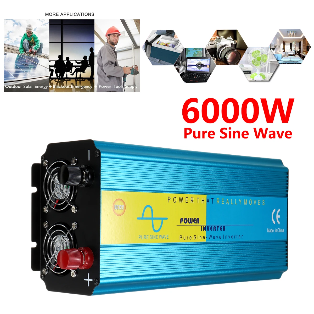 

PEAK 6000W Voltage Transformer Pure Sine Wave DC12/24V To 220V Caravan Watt Power Inverter Car Camping Insurance Intelligent