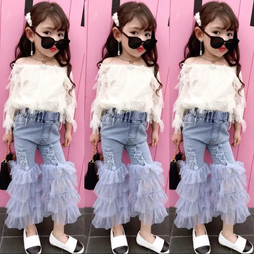

Free shipping 2019 spring autumn new lace patchwork denim pants for children girl kids fashion flare trousers baby clothes ws307