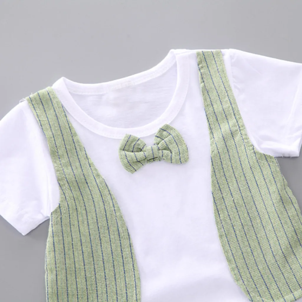 Комплекты одежды для маленьких мальчиков Одежда для новорожденных жилет в полоску Футболка с бантом и шорты Комплект из 2 предметов, Прямая поставка