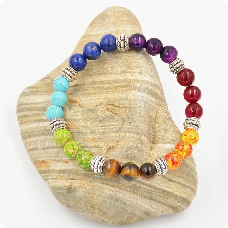 

Drop Shipping Natural 7 Chakra Stone Bracelets Colorful Healing Crystals Rainbow Pray Mala Bracelet Bangle Jewelry