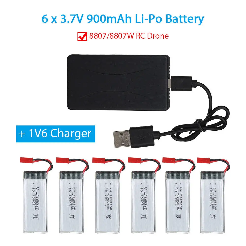 

TOMLOV 6Pcs 3.7V 900mAh Li-Po Rechargeable Battery With JST Plug+1V6 Charger For 8807/8807W RC Drone