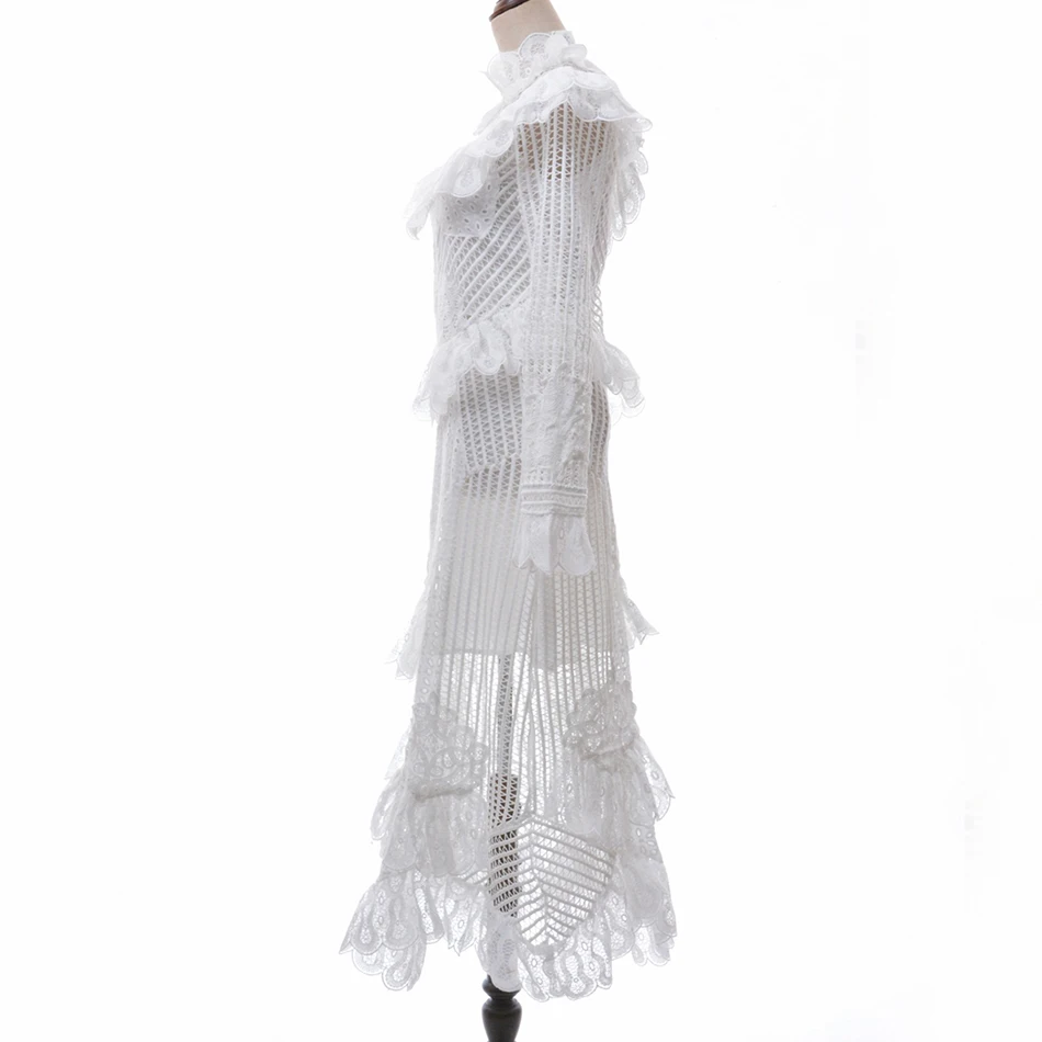 Новое дизайнерское осеннее высококачественное женское элегантное платье с длинными рукавами и высоким воротником, белое, розовое, кружевное, с вырезами, длинное платье