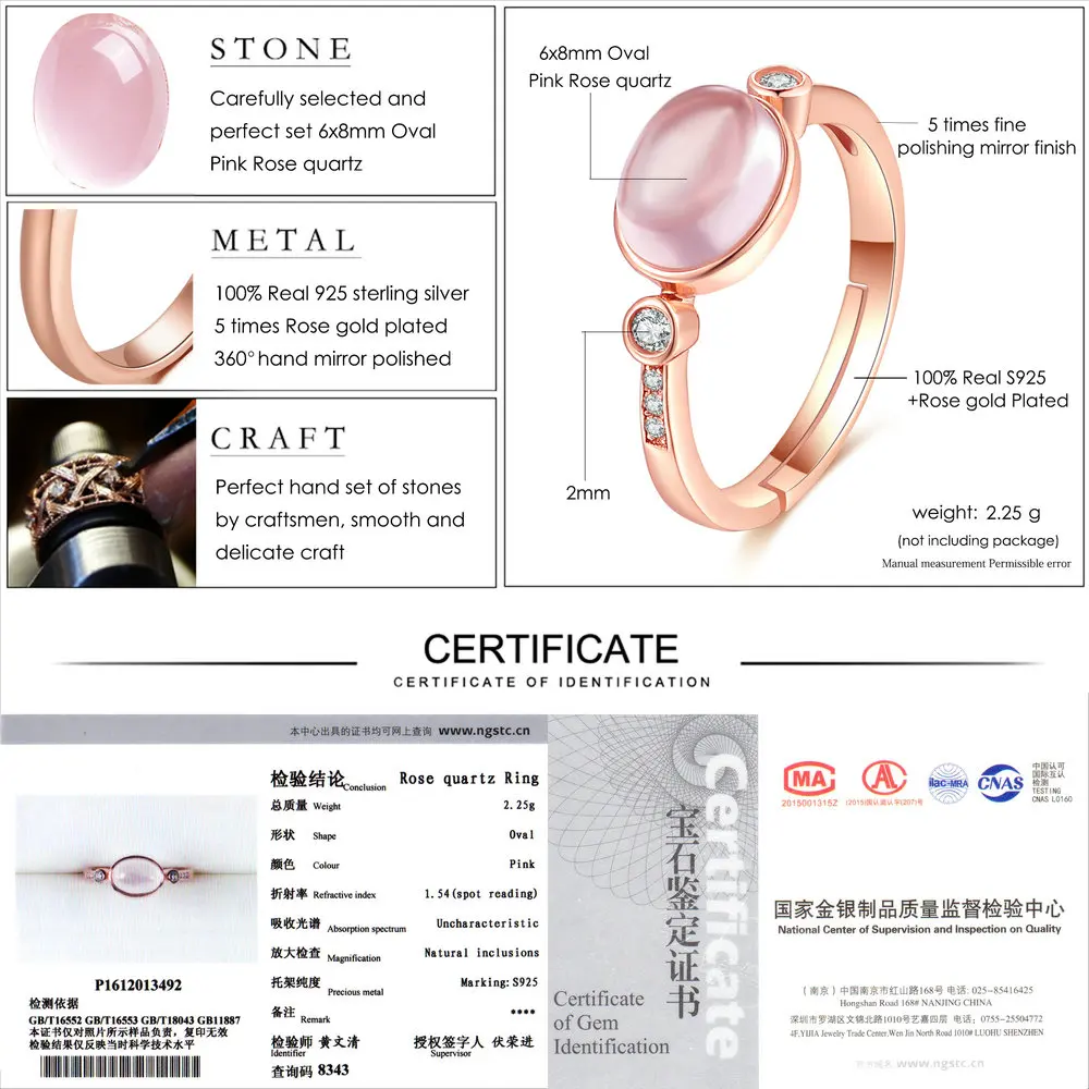 LAMOON 6x8mm 100% Natural Oval Pink Rose Quartz Ring 925 Sterling Silver Jewelry Rose Gold Romantic Wedding Band LMRI014