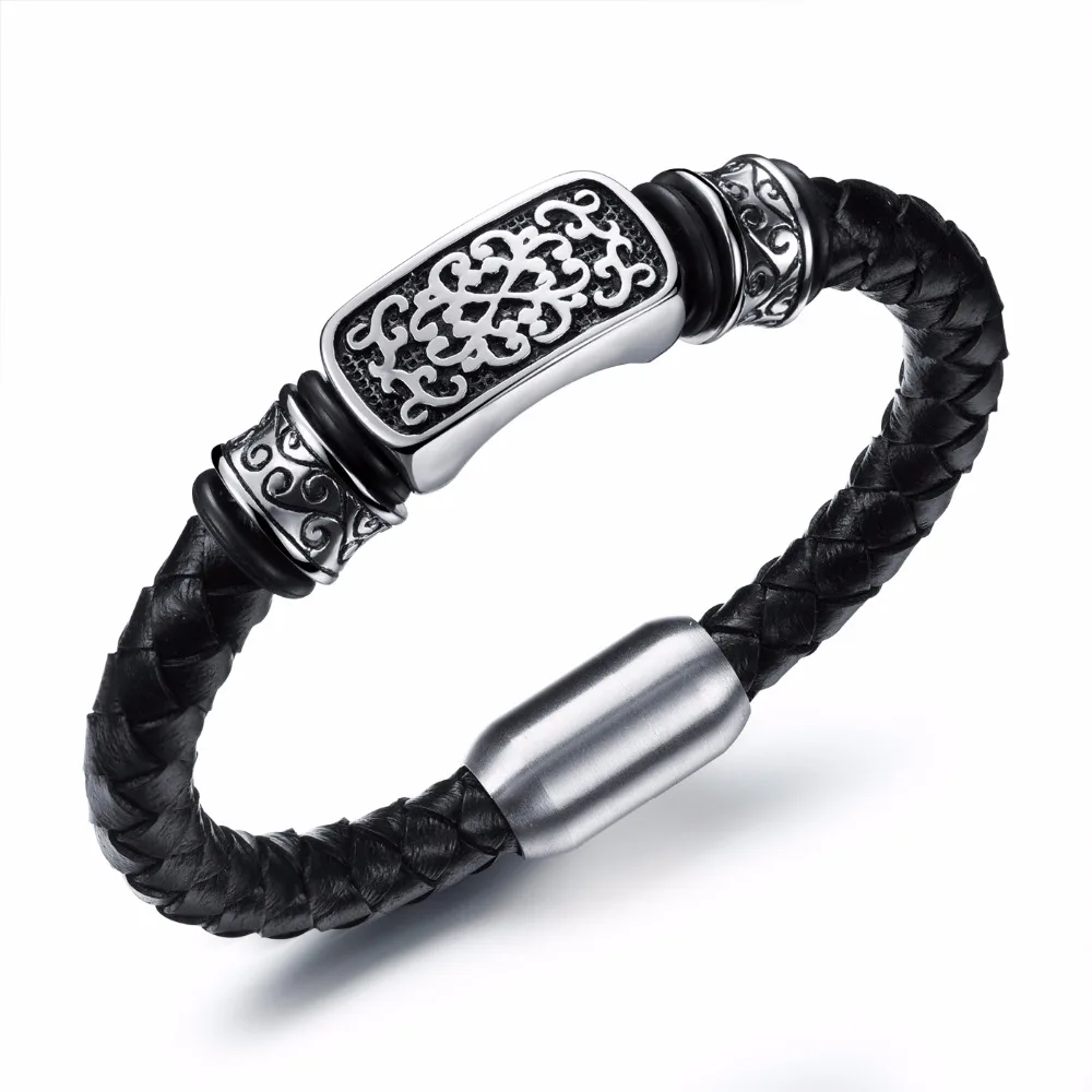 

Hand Stamped Personalized Men's Braided Leather Spiral Bracelet with Steel Magnet Clasp