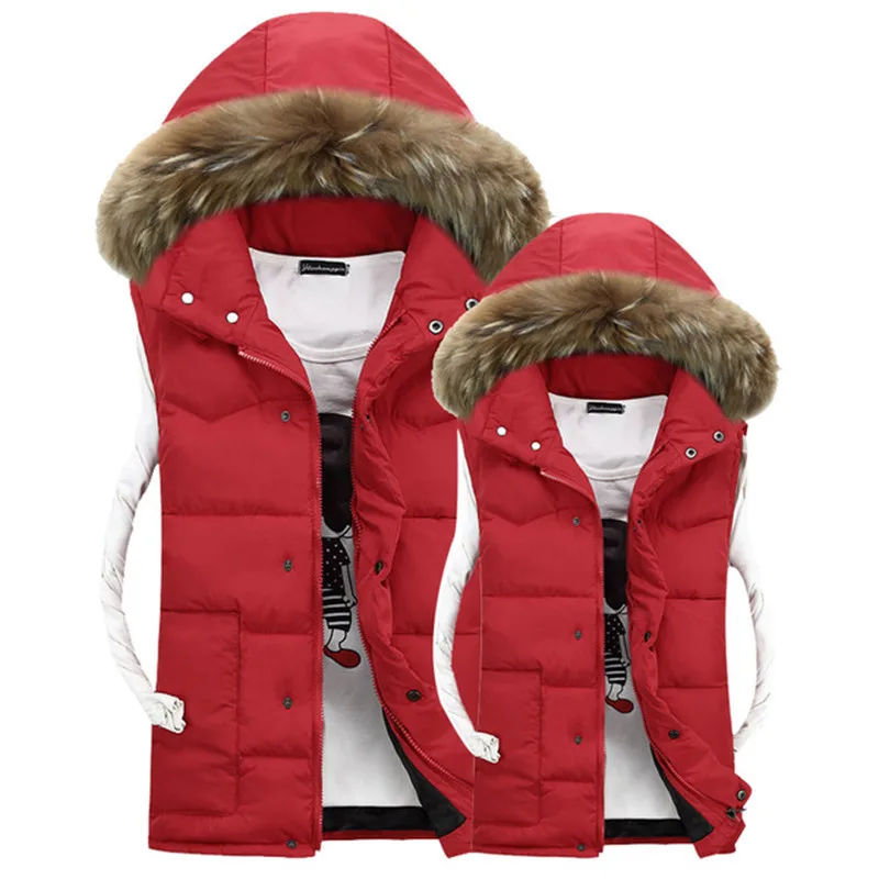 

S-5XL Men Hooded Detachable Solid Casual Vest Outerwear Fur Collar Couple Unisex Thick Warm Winter Sleeveless Coat Jacket
