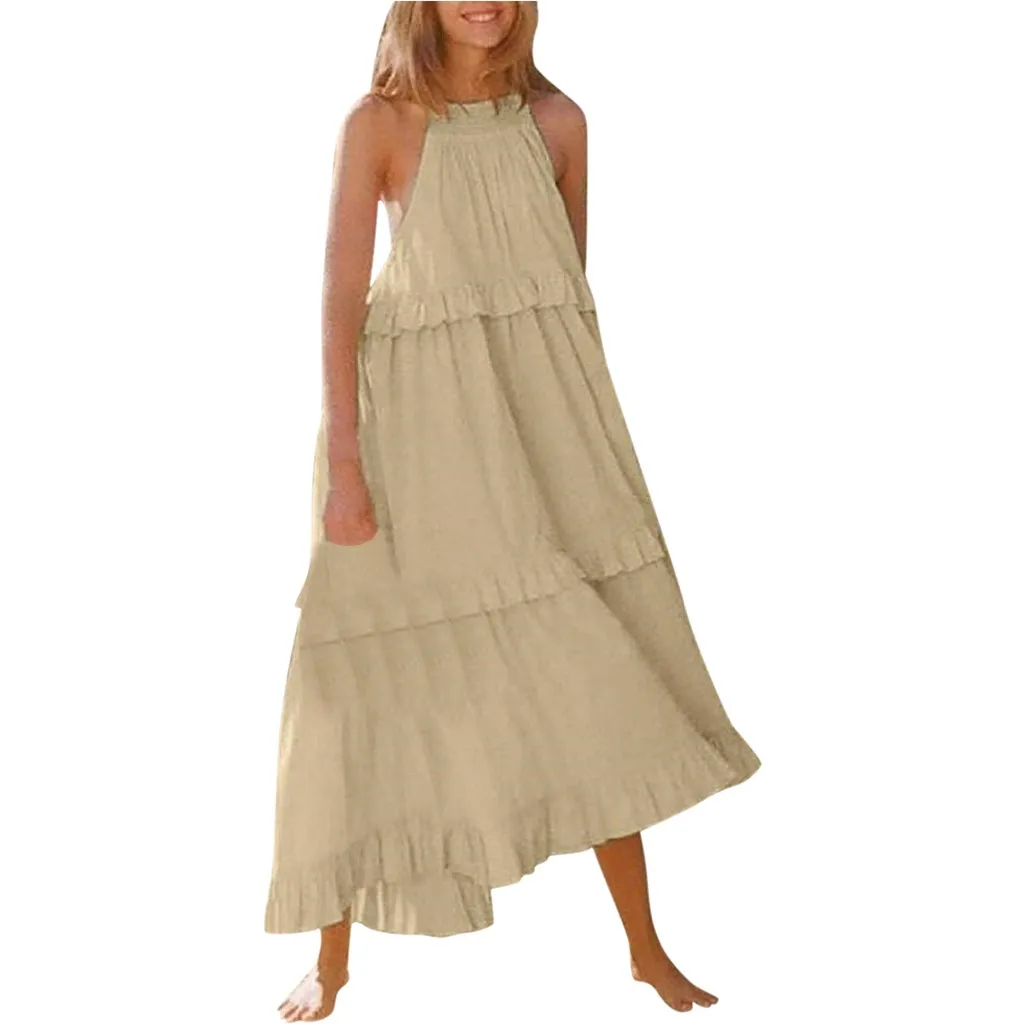 

JAYCOSIN dress Women 2019 Sexy Solid Color Loose Cake Sleeveless ladys Fashion Halter Ball Gown Linen Knee-Length Dress Vestidos