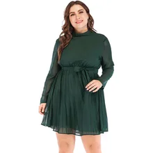 2019 New fashion large size women long-sleeved stand collar solid color pleated chiffon dress female chic solid color flouncing pleated wearable chiffon pashmina for women