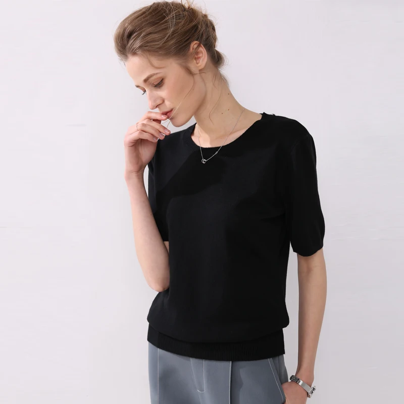 2019 spring and autumn women's large solid wool cashmere sweater short sleeve round-neck sweaters knit sweater computer oversize