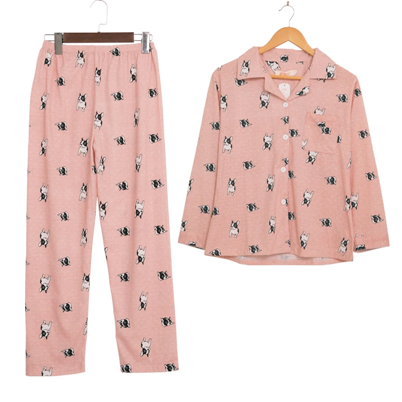 Cute Pajamas French Bulldog Print Dot 2019 New Pajama Set Long Sleeve Elastic Waist Cotton