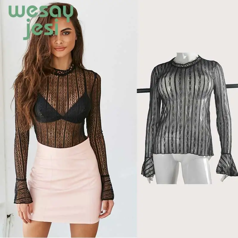 

women's Sexy Lace Black Blouse Women 2019 Transparent Long Sleeves Black Red Blouse shirt Elegant Lace WOMEN Tops