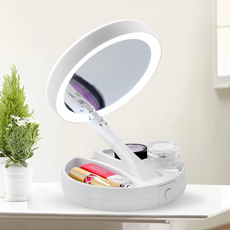 

LED Makeup Mirror Portable 10X Magnifying Mirror Adjustable Stand Desk Tri-fold Cosmetic Mirror with Storage Box Organizer New