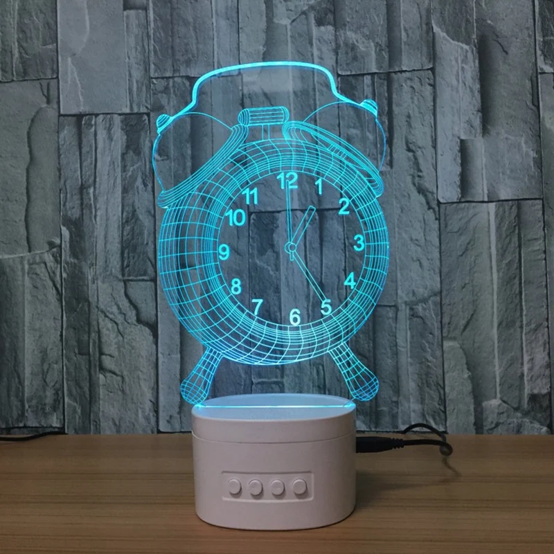 3D Alarm Clock Optical Illusion Visible Night Light With Bluetooth Speaker Base Led Desk Lamp 5 Color For Usb Children Baby | Лампы и