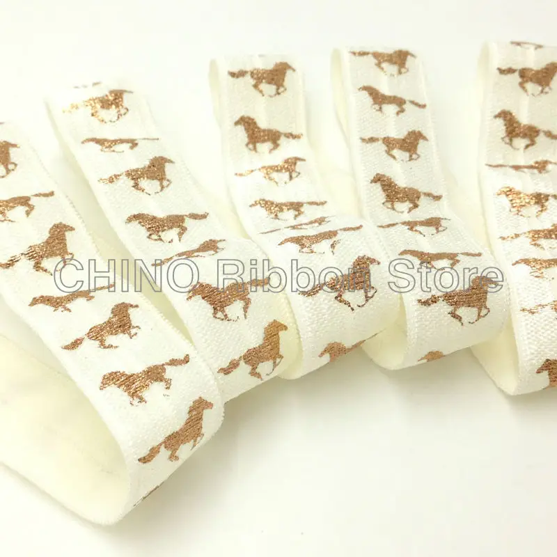 

10 Yard Good Quality 5/8" Rose Gold Foil Horse Print Fold Over Elastic Ivory FOE Hair Tie Ribbon for DIY Headwear Hair Accessory