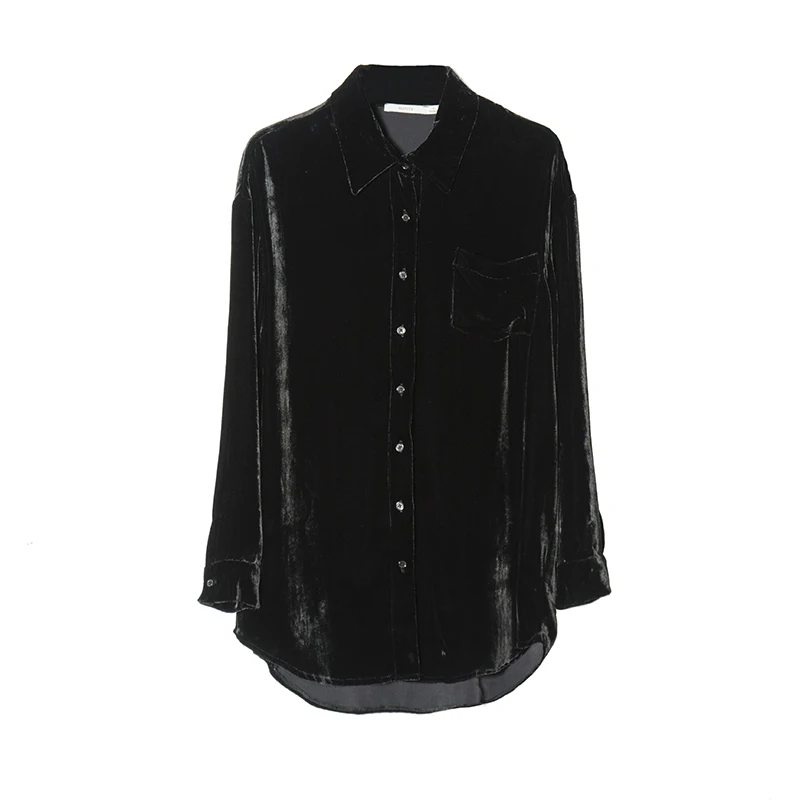 Чистый шелк велюр размера плюс рубашка шелк тутового шелкопряда с длинным рукавом Топ женские винтажные свободные блузки M L XL