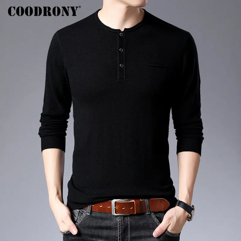 Черный COODRONY свитер для мужчин Уличная мода Pull Homme осень зима чистая Мериносовая Шерсть свитера мягкий теплый кашемировый пуловер для мужчин 93008 - Цвет: Черный
