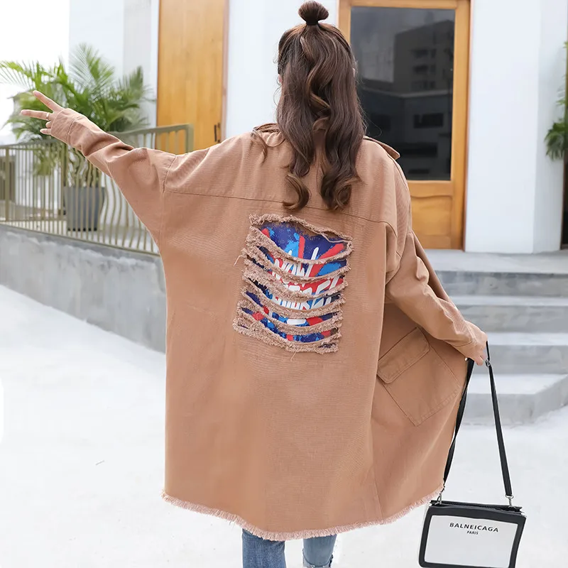 

Long Denim Jacket Women Spring Autumn Print Hole Full Sleeve Windbreaker Ladies Fashion Pocket Loose Street Jeans Coat Plus Size