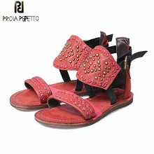 Prova Perfetto Fashion Women Genuine Leather Gladiator Sandals Rivets Studded Flat Shoes Woman Embroidery Casual Beach Flats